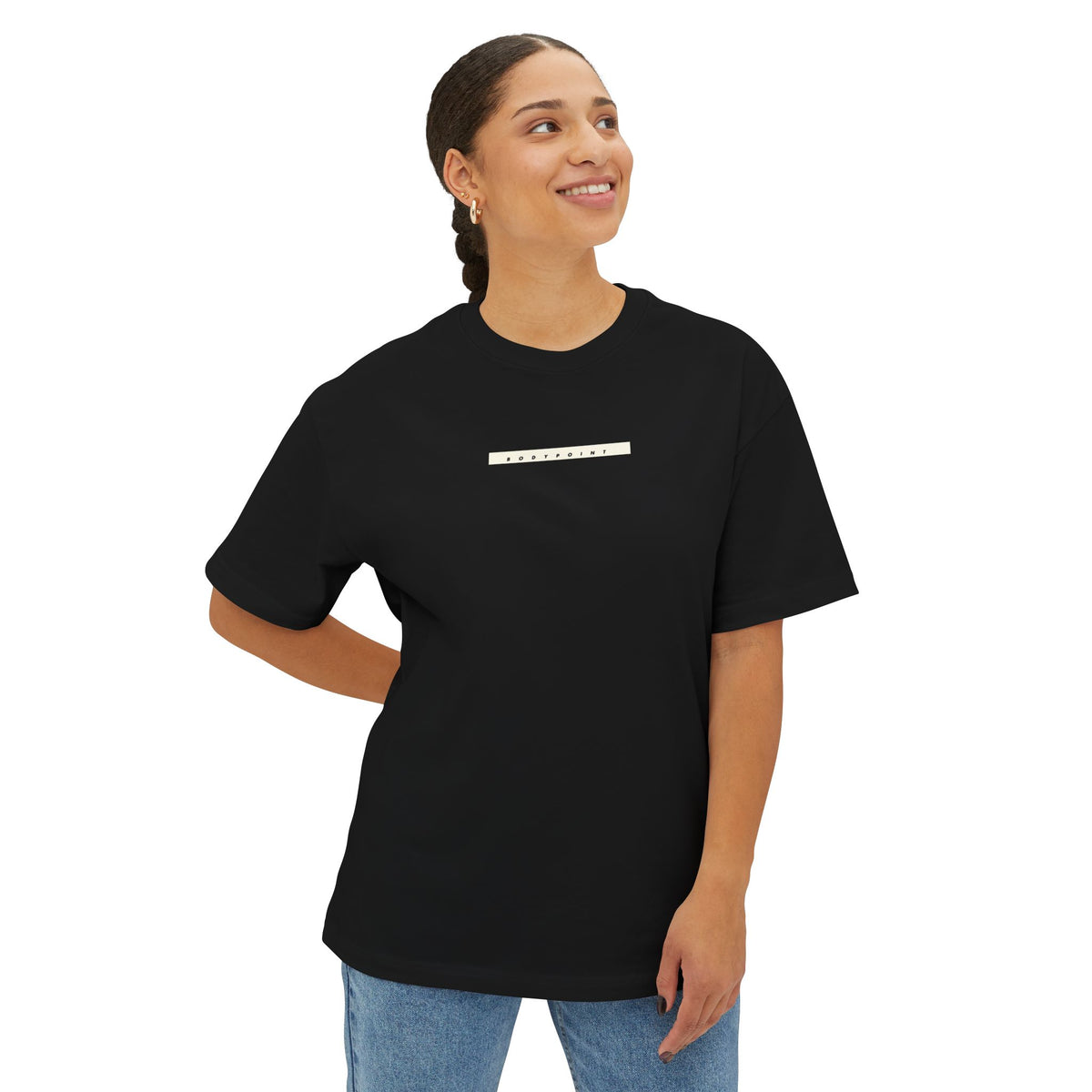 Model wearing the 1991 Tee — Unisex Boxy in black, front view