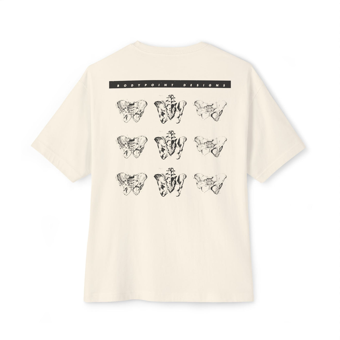 The 1991 Tee — Unisex Boxy in cream, back view: repeating grid of pelvis artwork from Bodypoint’s 1991 first catalog