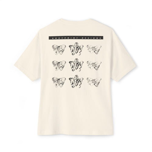 The 1991 Tee — Unisex Boxy in cream, back view: repeating grid of pelvis artwork from Bodypoint’s 1991 first catalog
