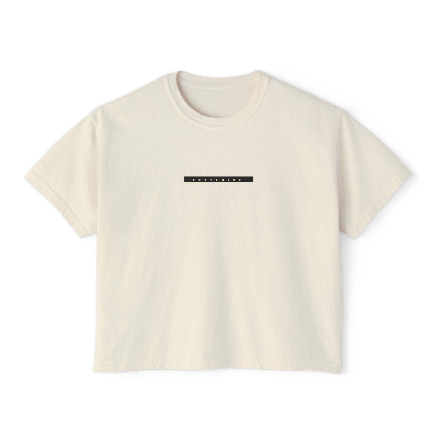 The 1991 Tee — Boxy Cropped in cream, front view with Bodypoint logo bar across the chest
