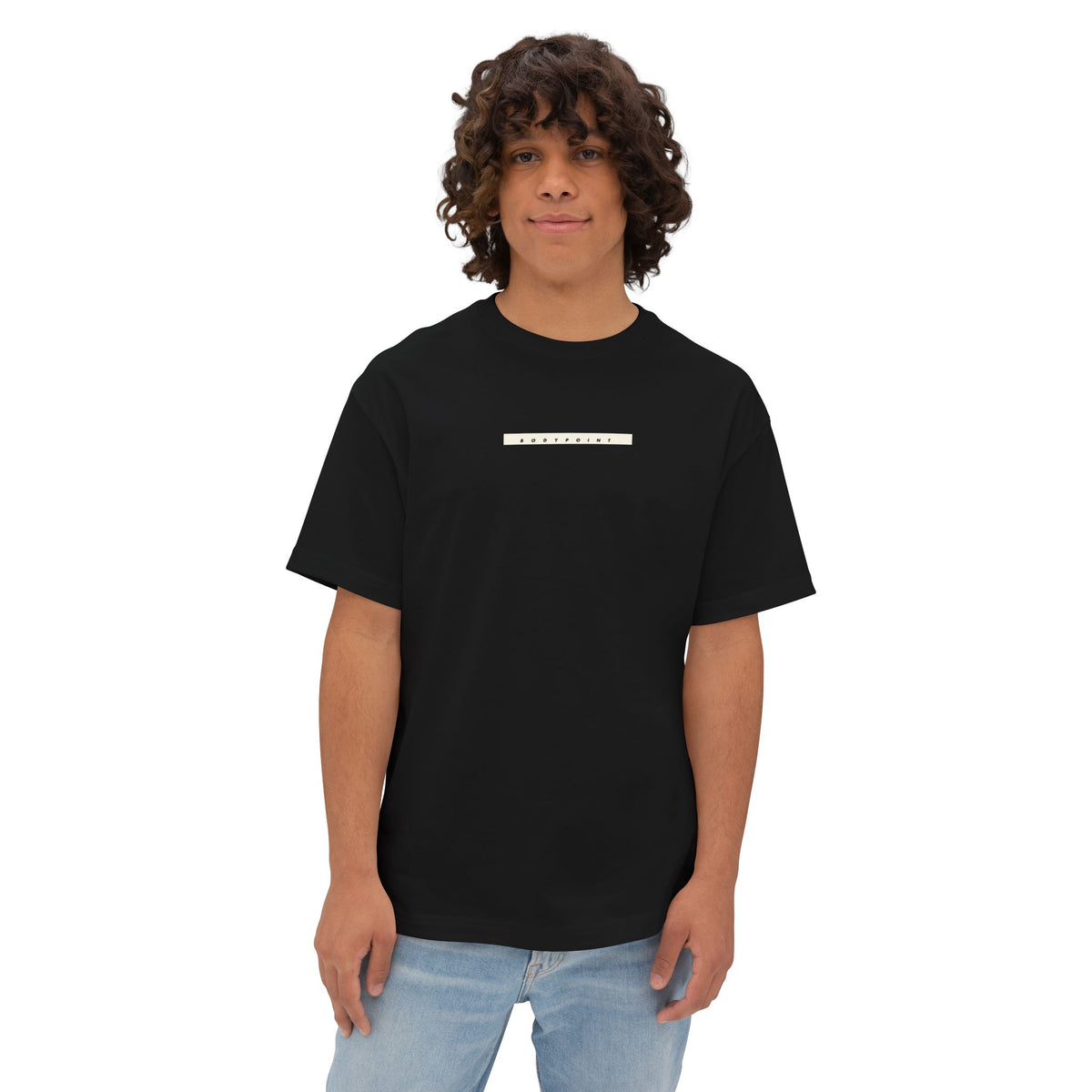 Second model wearing the 1991 Tee — Unisex Boxy in black, front view