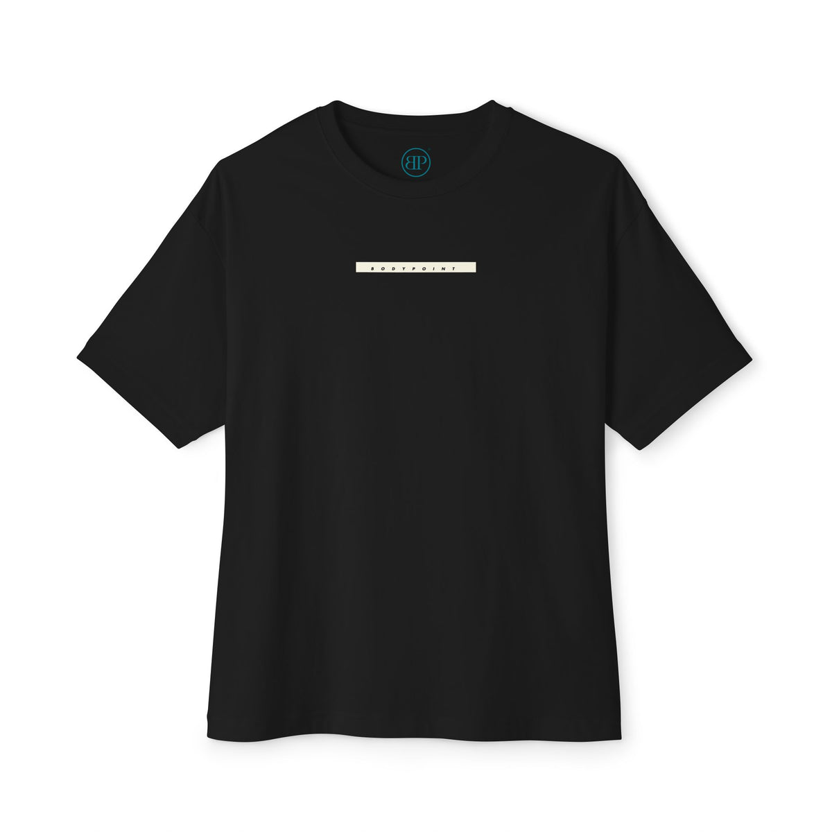 The 1991 Tee — Unisex Boxy in black, front view with Bodypoint logo bar across the chest