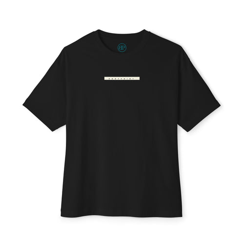 The 1991 Tee — Unisex Boxy in black, front view with Bodypoint logo bar across the chest