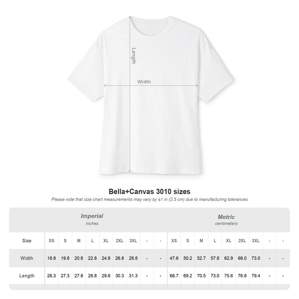 Size chart for the Unisex Boxy tee (Bella+Canvas 3010): width and length by size, in inches and centimeters