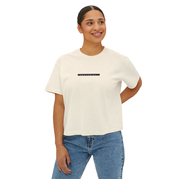 Model wearing the 1991 Tee — Boxy Cropped in cream, front view