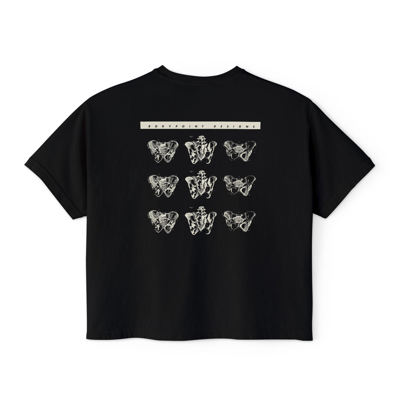 The 1991 Tee — Boxy Cropped in black, back view: repeating grid of pelvis artwork from Bodypoint’s 1991 first catalog