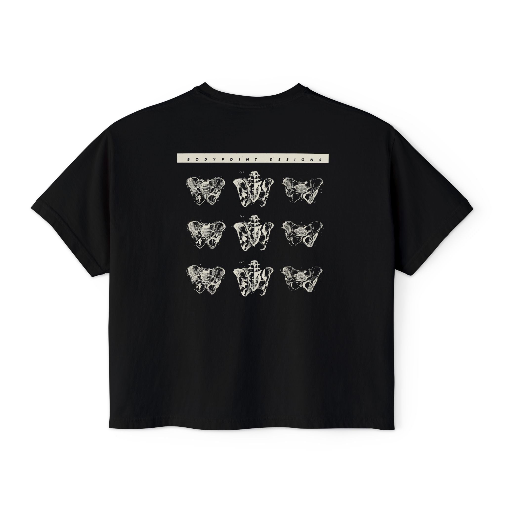 The 1991 Tee — Boxy Cropped in black, back view: repeating grid of pelvis artwork from Bodypoint’s 1991 first catalog