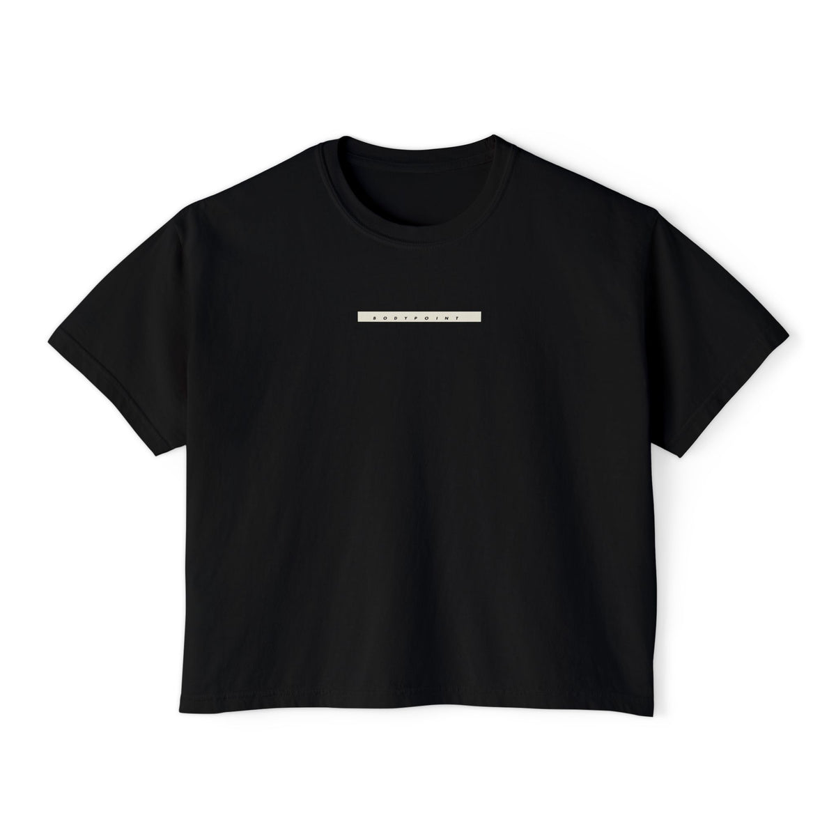 The 1991 Tee — Boxy Cropped in black, front view with Bodypoint logo bar across the chest