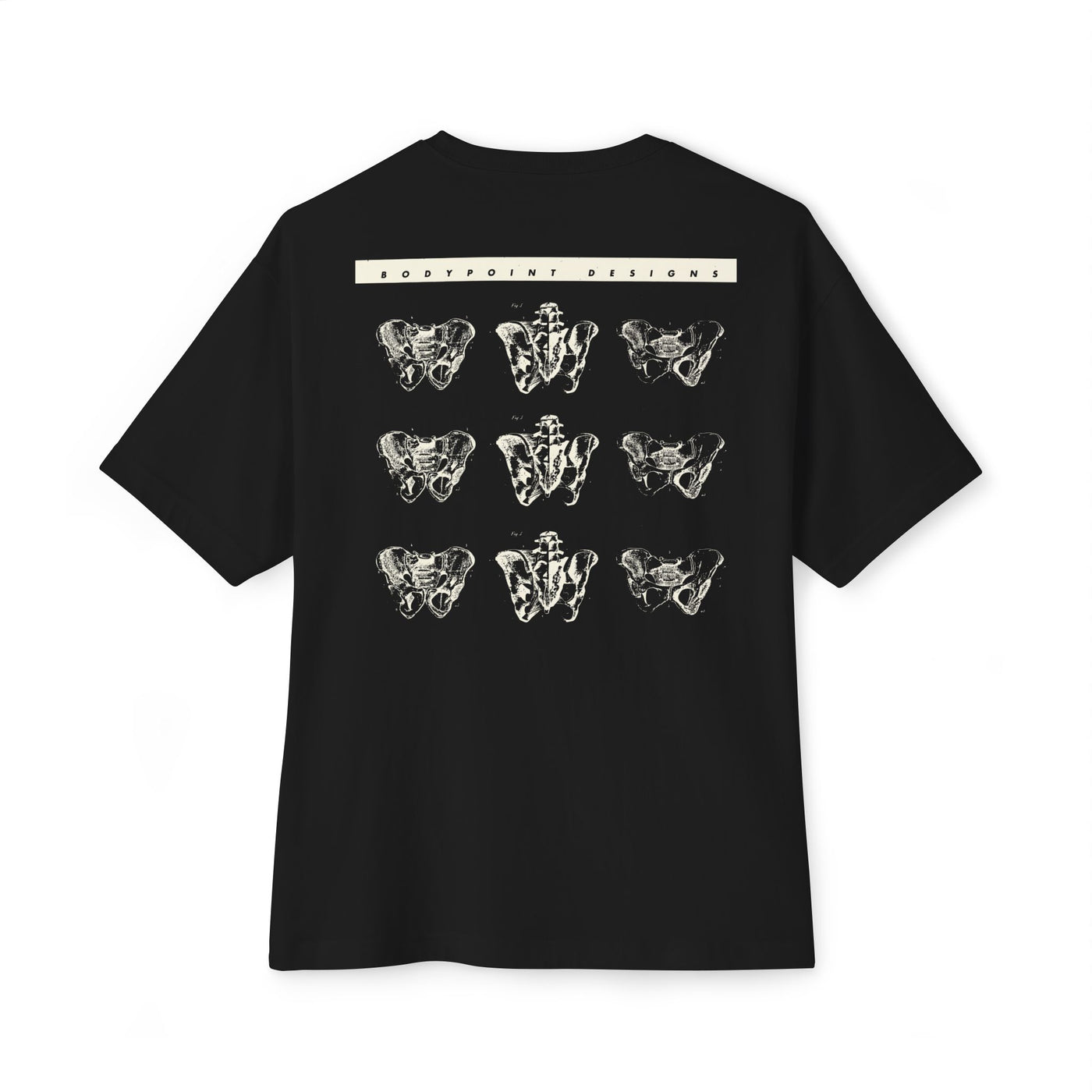 The 1991 Tee — Unisex Boxy in black, back view: repeating grid of pelvis artwork from Bodypoint’s 1991 first catalog