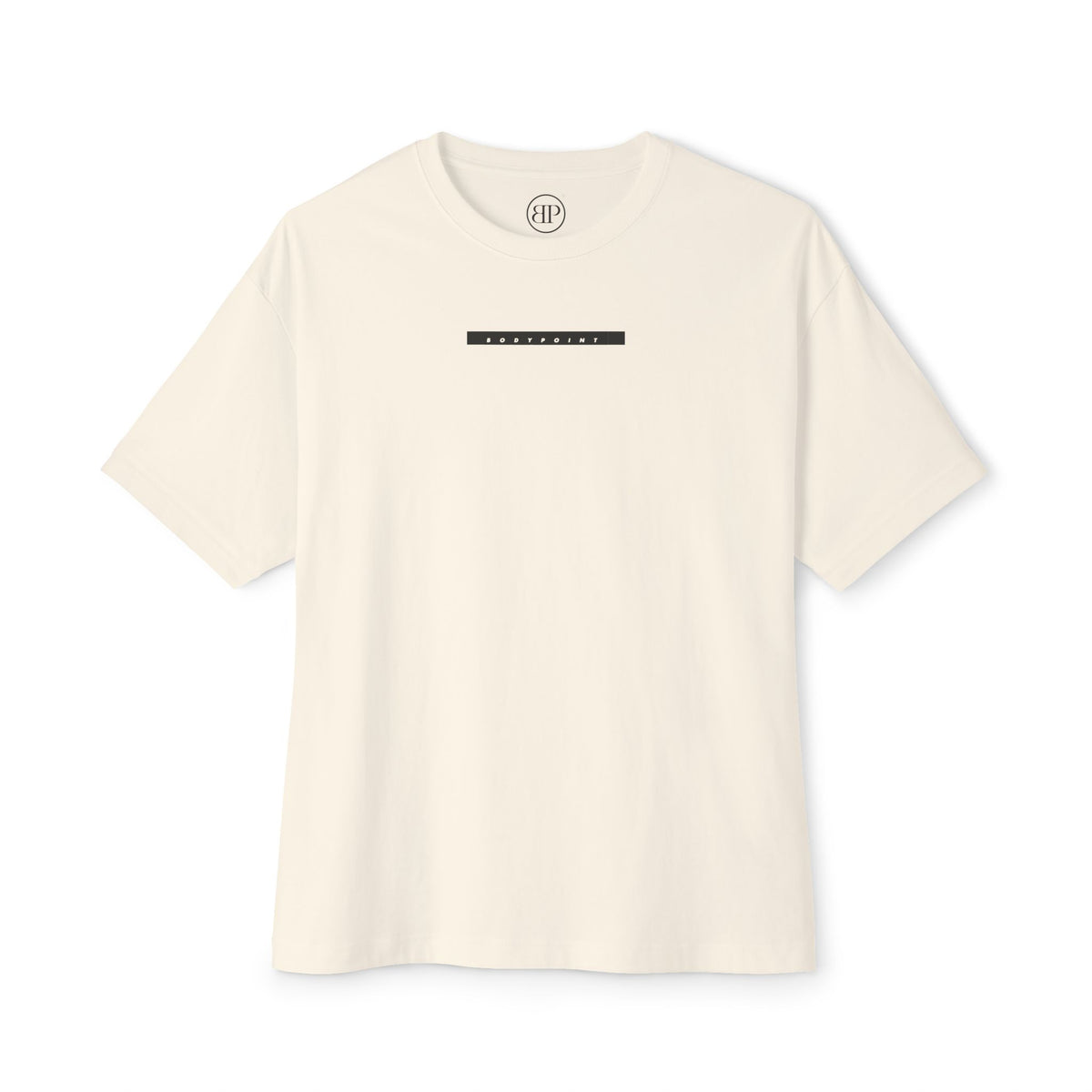 The 1991 Tee — Unisex Boxy in cream, front view with Bodypoint logo bar across the chest