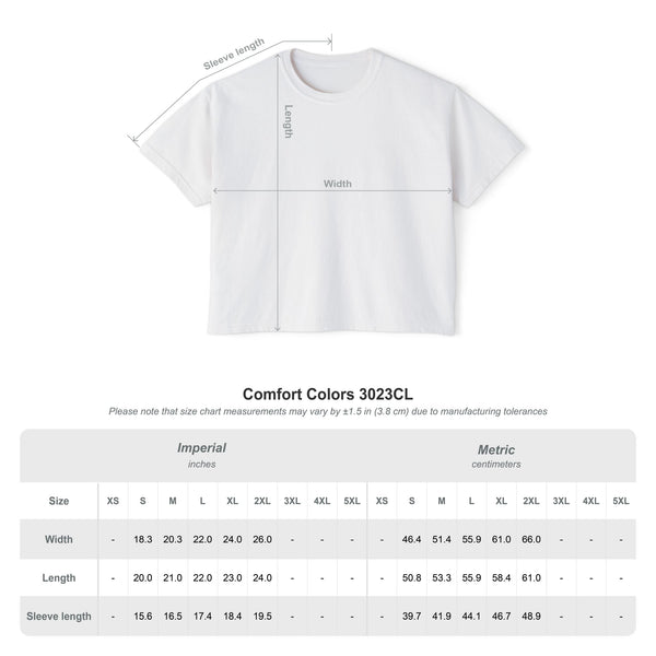 Size chart for the Boxy Cropped tee (Comfort Colors 3023CL): width, length and sleeve length by size, in inches and centimeters