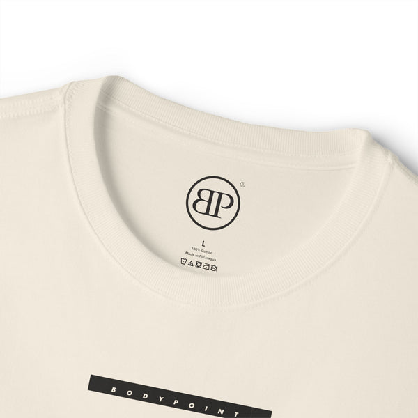 Inside collar of the cream Unisex Boxy tee with printed Bodypoint BP neck label